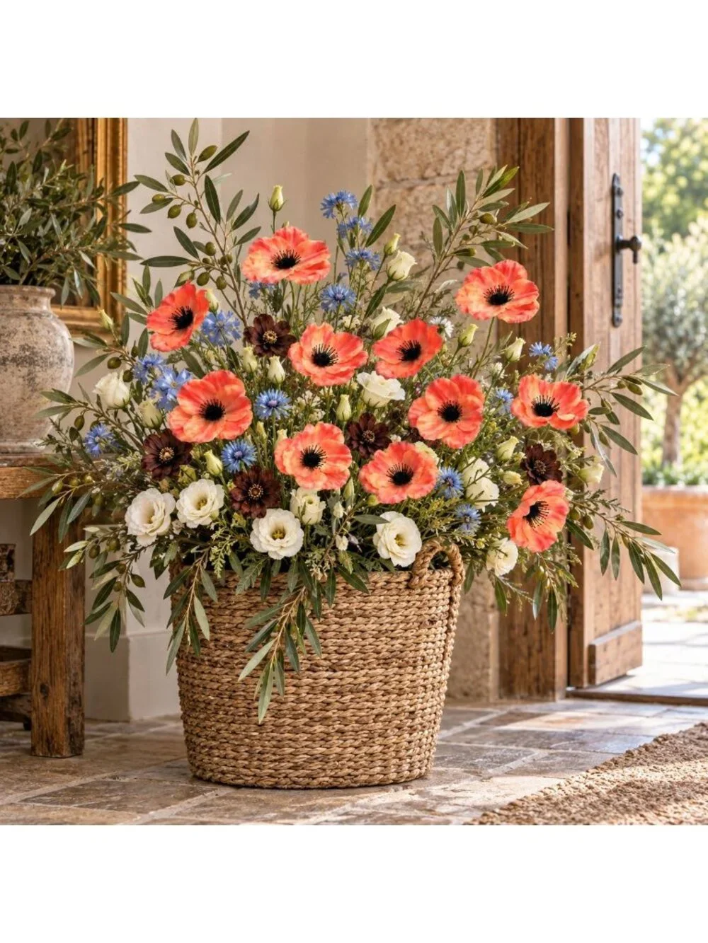 Coral Peach Orange Artificial Poppy Stems Set of 2 29 Inch Faux Silk Flowers Sum